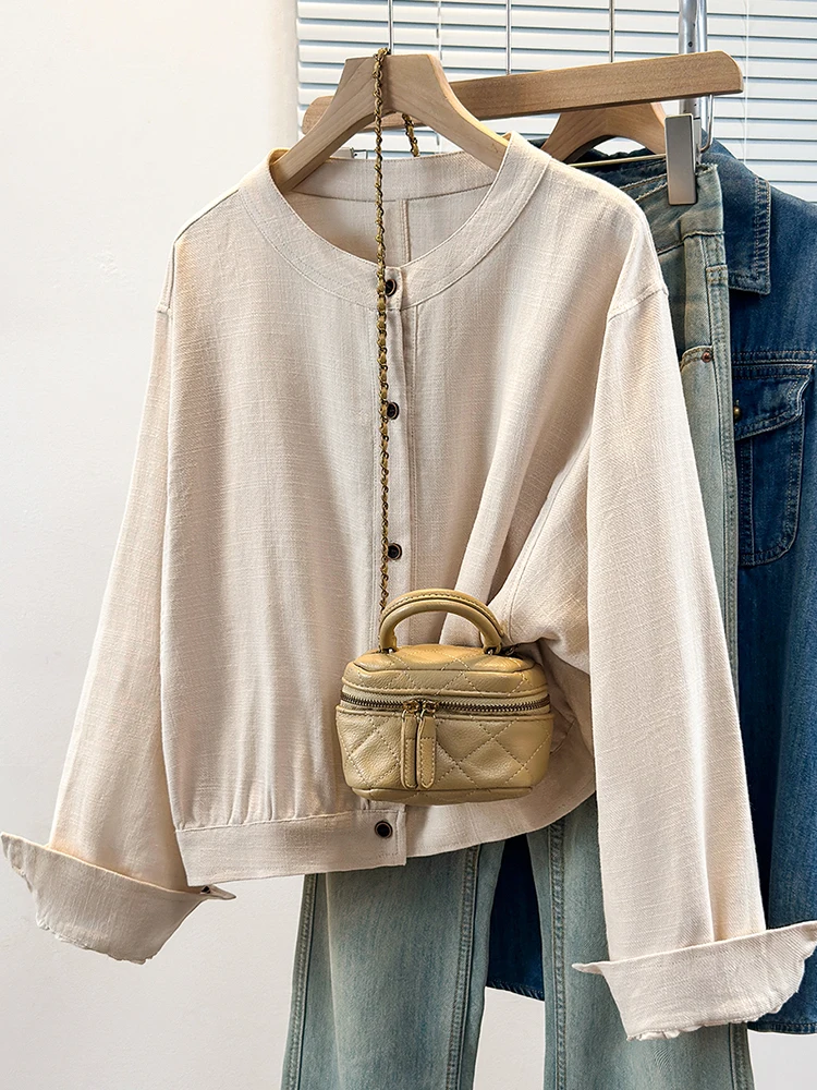 Authentic Short Lightweight round Neck Jacket Women's Spring Autumn Loose Casual Small Size Polyester Fiber Outerwear