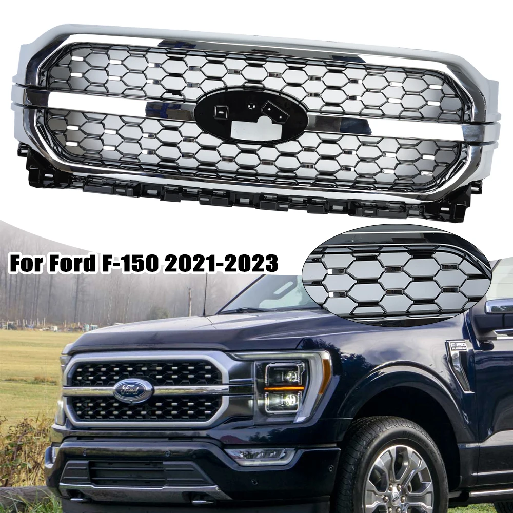 Front Bumper Grille for Ford F150 2021-2023 ML34-8200 Plating Frame Black Style Replacement Truck Racing Grills Accessories