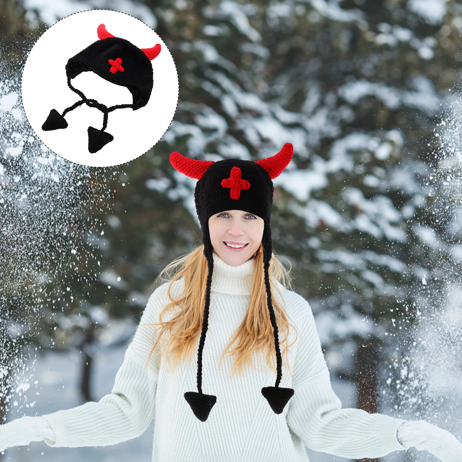 

Halloween Knitted Hat Yarn Warm Prank Earflaps Horns Design Cap Hair Accessory Personality Winter Beanie Festive Party