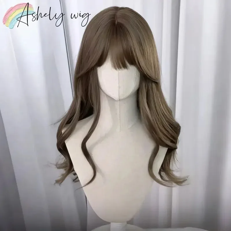 Perruque synthétique marron thé au lait avec frange, cheveux longs et ondulés pour femmes, perruque Lolita douce élégance japonaise, bandeau