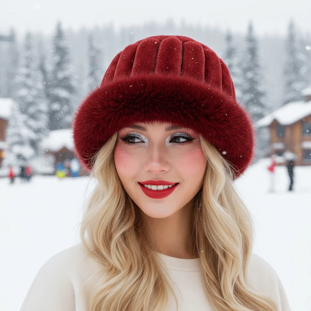 Vertical Texture Striped Fur Hat Fleece Lining Windproof Puffy Bucket Cap Soft Faux Fur Brim Trapper Hats Cycling