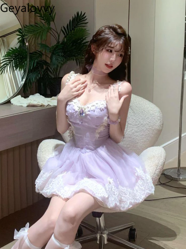 

Beaded Lace High Waist Pure Erotic Sexy Suspender Dress Female Slimming Sleeveless Birthday Party Princess Short Dresses