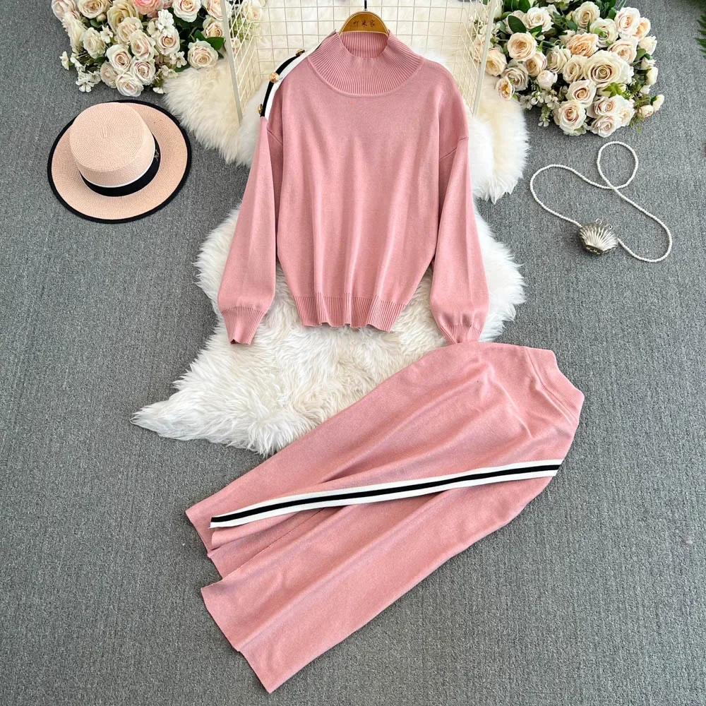 Chic Women Two-Piece Sets Knit Long Sleeve Half High Collar Loose Top and High Waist Asymmetrical Skirt Korean Casual Clothing