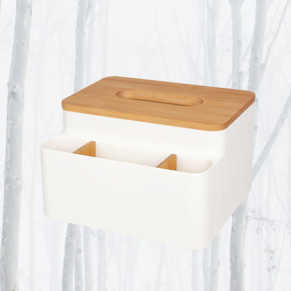 

Plastic Tissue Box Desktop Organizer Bamboo Cover Multifunctional Napkin Holder Modern Design Home Office White