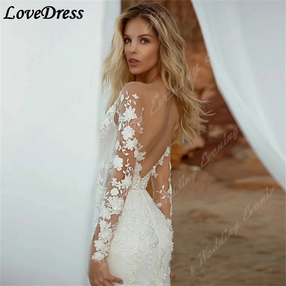 Lovedress-マーメイドのウェディングドレス,長袖,取り外し可能なテール,レースのアップリケ,カスタムメイドのドレス