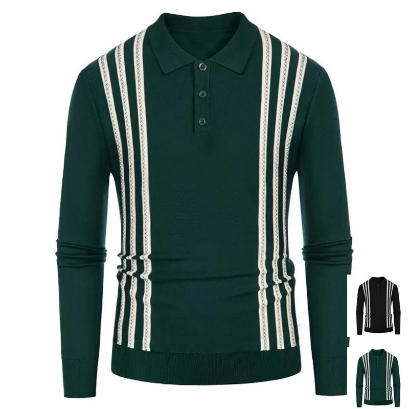 Men's Retro Button Half Neck Long Sleeve Panel, Contrast Stripe Knitted Business Casual Polo, New British Style, Autumn, 2022