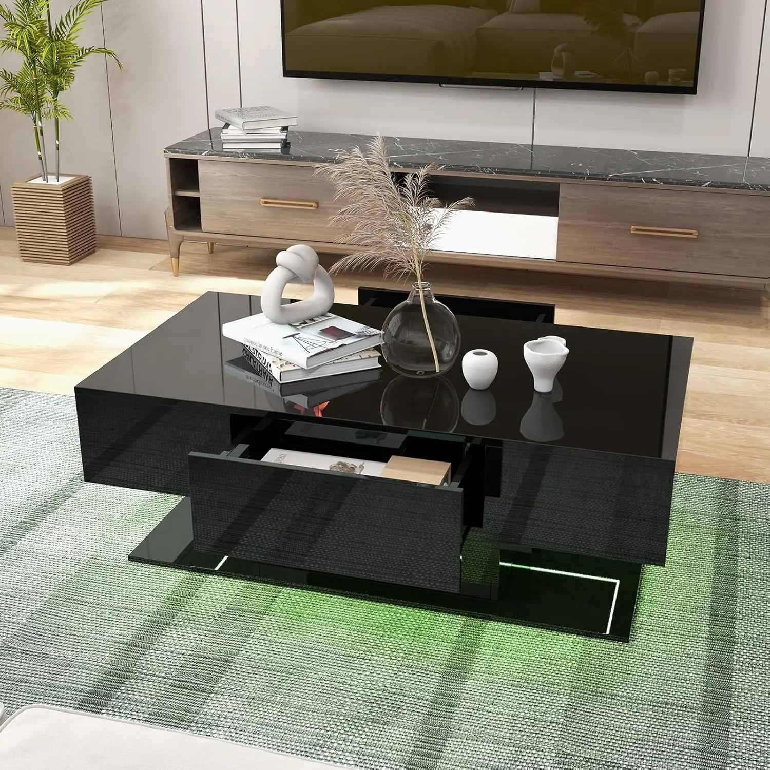 Modern LED Coffee Table - 2-Tier Center Table w/ 2 Storage Drawers, Adjustable Brightness & Speed, 20-Color Light, 43.5'