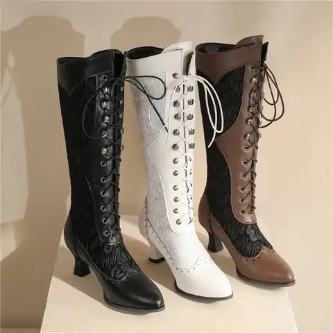 Women Victorian Pointed Toe Mid-Calf Boots Leather Lace Hollow Out Punk Lace Up Strange Steampunk High Heel Shoes Plus Size32-43