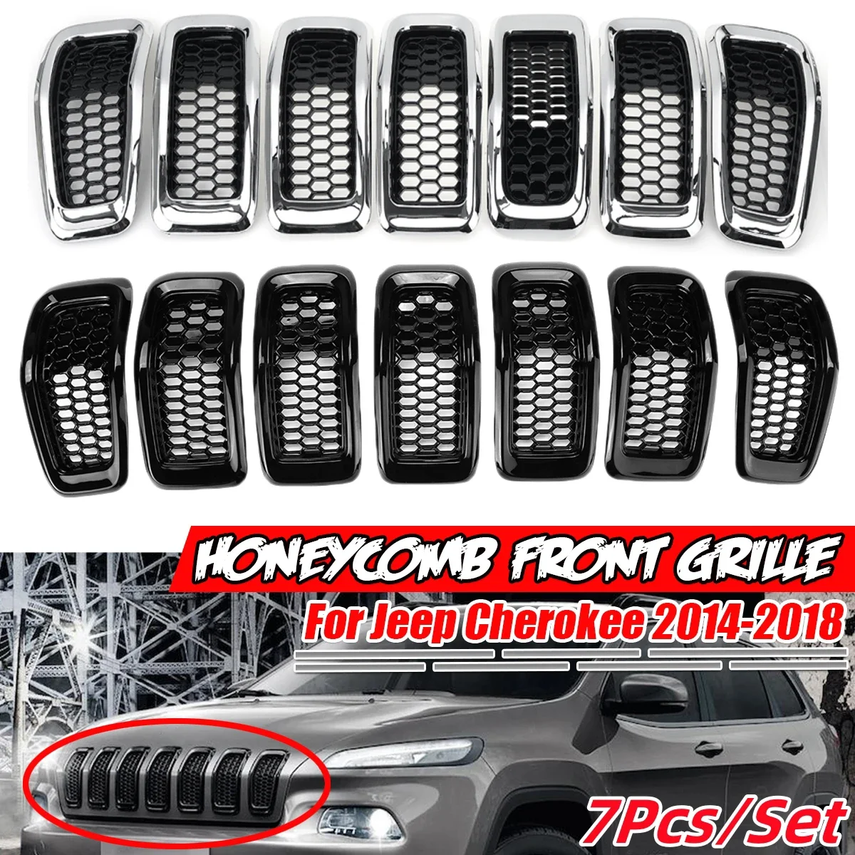 

Chrome/Glossy Car ABS Front Mesh Racing Grills For Jeep Cherokee 2014 2015 2016 2017 2018 Exterior HONEYCOMB Racing Grille