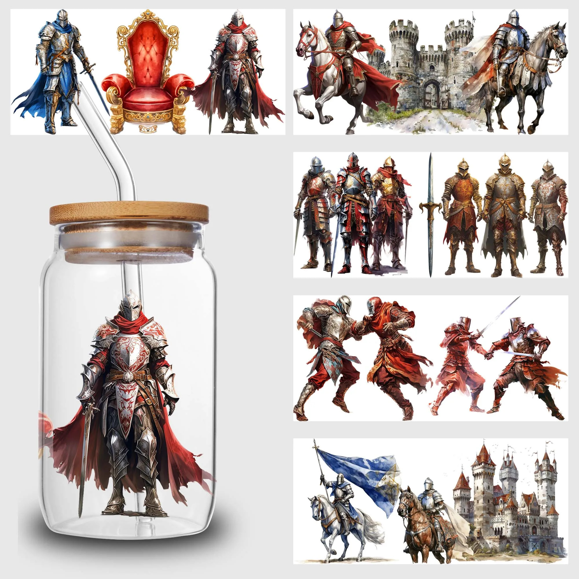 5 Sheets Medieval Knights UV DTF Mug Stickers, Glass DTF Transfer Stickers, Waterproof Wipe Transfer Paper for 16oz Glass, Mug