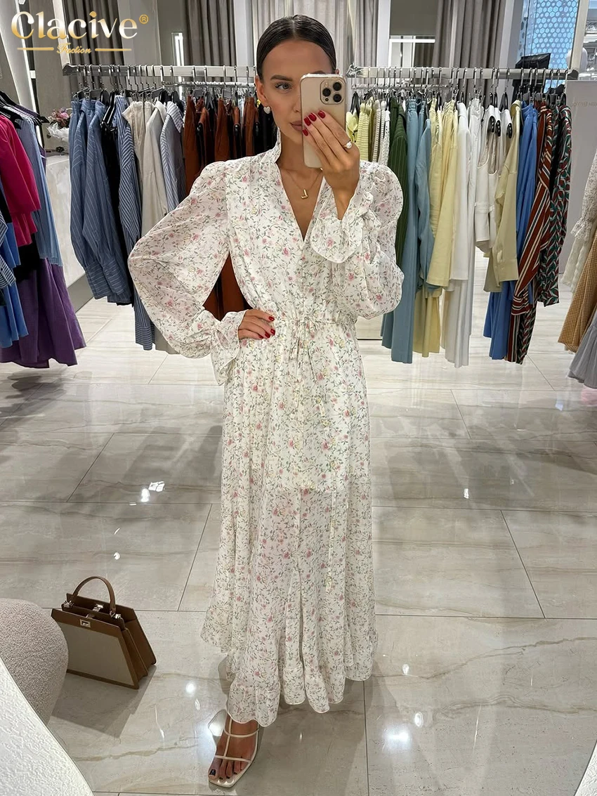 

Clacive Fashion Loose Print Women's Dress Fashion Stand Collar Long Sleeve Ankle Length Dresses Elegant High Waist Female Dress