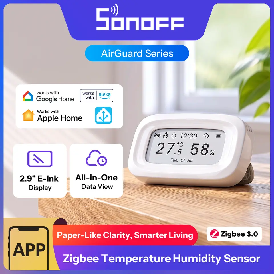 مستشعر درجة الحرارة والرطوبة SONOFF E-Ink زيجبي شاشة 2.9 بوصة AirGuard SNZB-02UL عرض الوقت والطقس والتاريخ يعمل مع أليكسا وجوجل