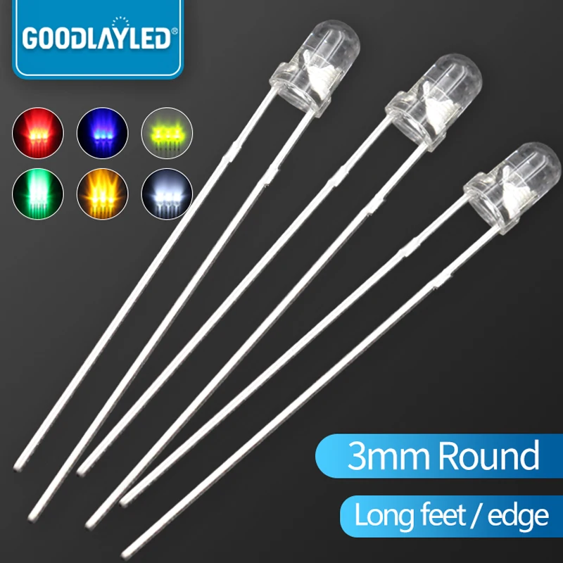 1000pcs LED LED F3/3mm Round Head with Long Legs Transparent In-Line Lamp Beads, White, Red, Blue, Green, Yellow LED Lamp Beads