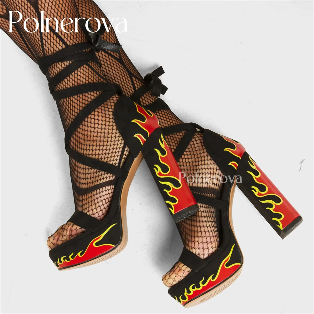 

Flame Print Platform Sandals Chunky High Heeled Wrap-Around Strap Summer Shoes Round Toe Ankle Strap Women's Large Size Sandals