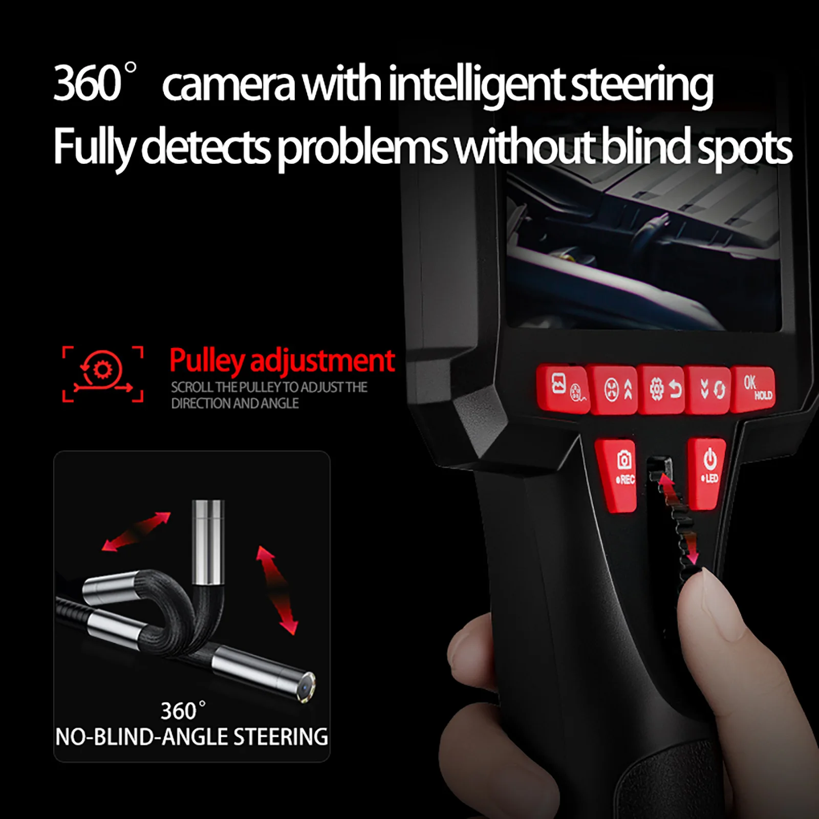 6.4mm 초소형 렌즈가 장착된 양방향 관절형 검사 카메라 1080P 4.3인치 LCD 보어스코프 카메라(자동차 배관용)