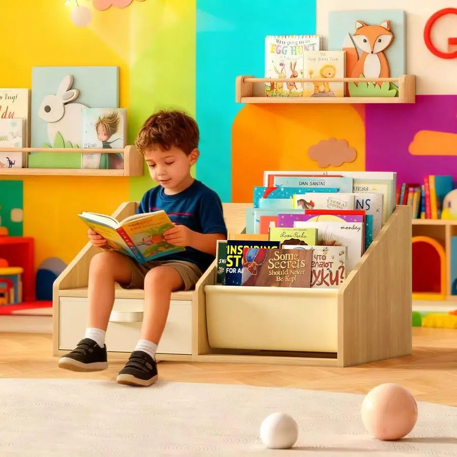 رف كتب للأطفال مع مقعد رف كتب للأمام لغرف الأطفال، خزانة كتب للحضانة مع رف مونتيسوري من 5 طبقات، خشبي