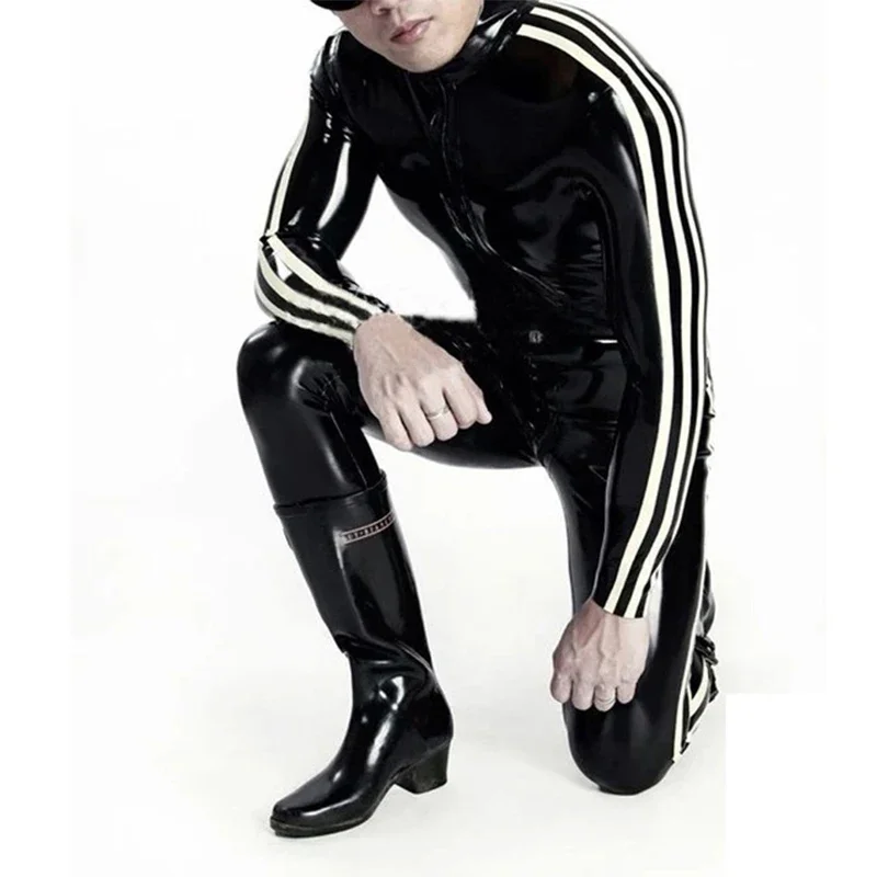 Latex Catsuit Handmade Black with 3 White Strip Trim Front Zip Rubber Jumpsuit Bodysuit for Men Customize