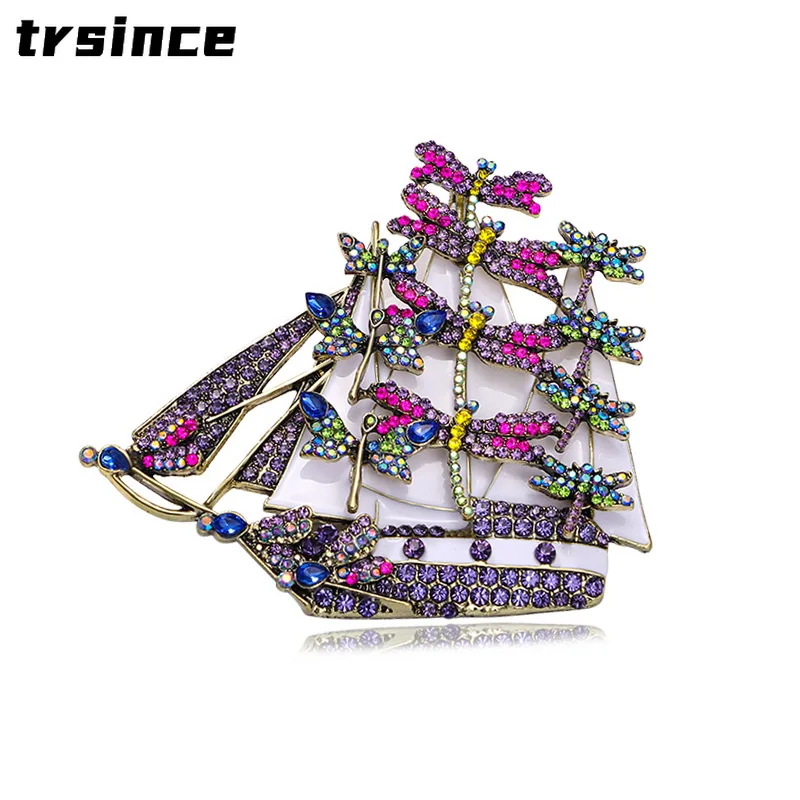 Smooth Sailing Brooch Dragonfly Sailboat Animal Fashion Retro Style Insect Alloy Rhinestones Court Pins for Women Men