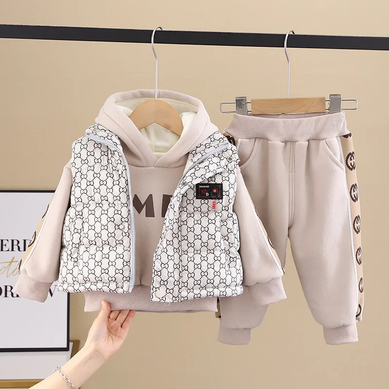 Sets Kids clothes free shipping Male baby winter outfit three piece set children's plush thick hoodie winter boys' handsome set