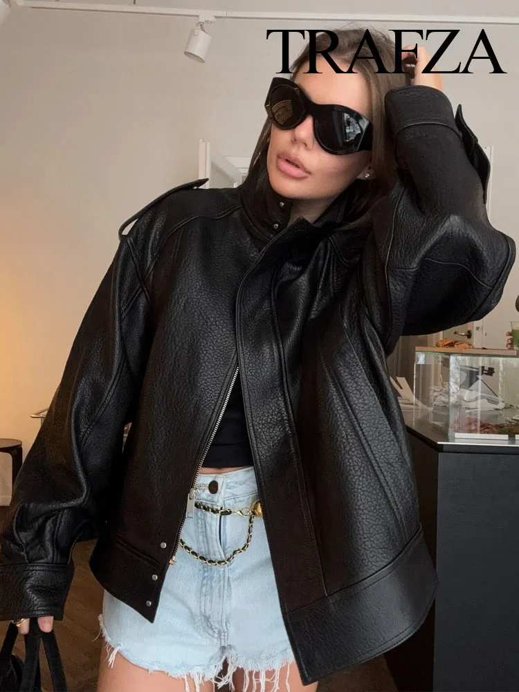 

HH Women Autumn Street Solid Long Sleeves Lapel Pleated Design Zipper Vintage Coats Woman Fashion Texture Leather Jacket