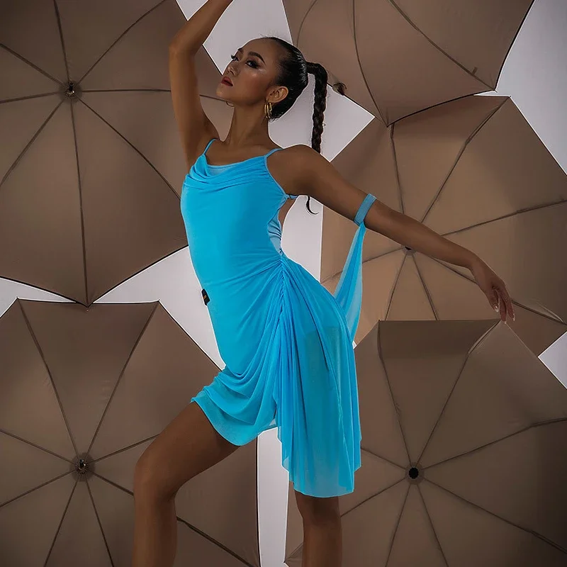 Novo vestido latino de malha com um braço, padrão nacional, roupas de dança de salão, vestidos femininos para prática de palco sl6911