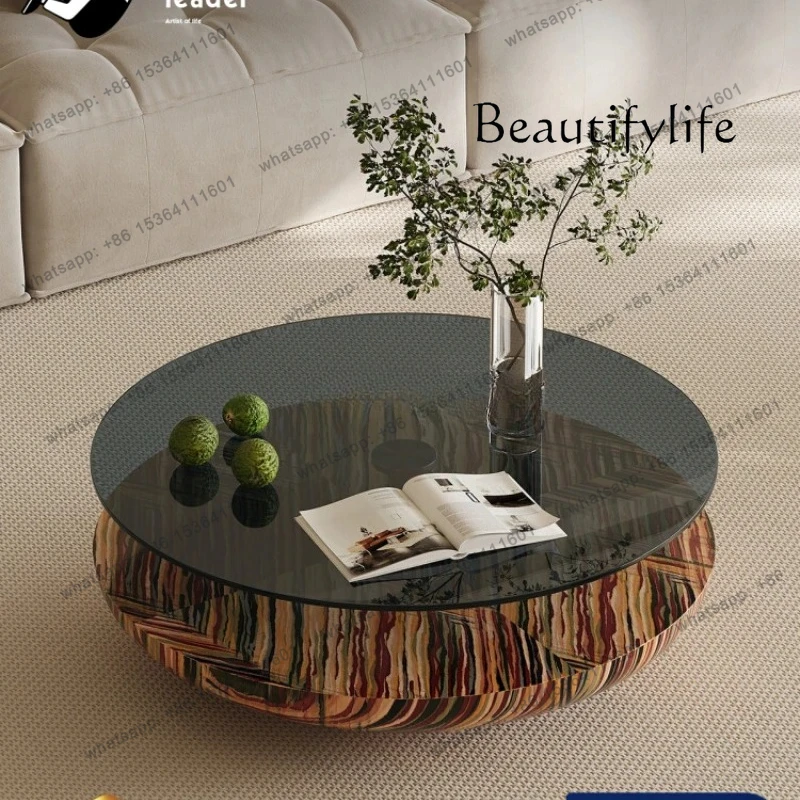 

Italian light luxury art round coffee table household living room sofa personalized creative glass coffee table