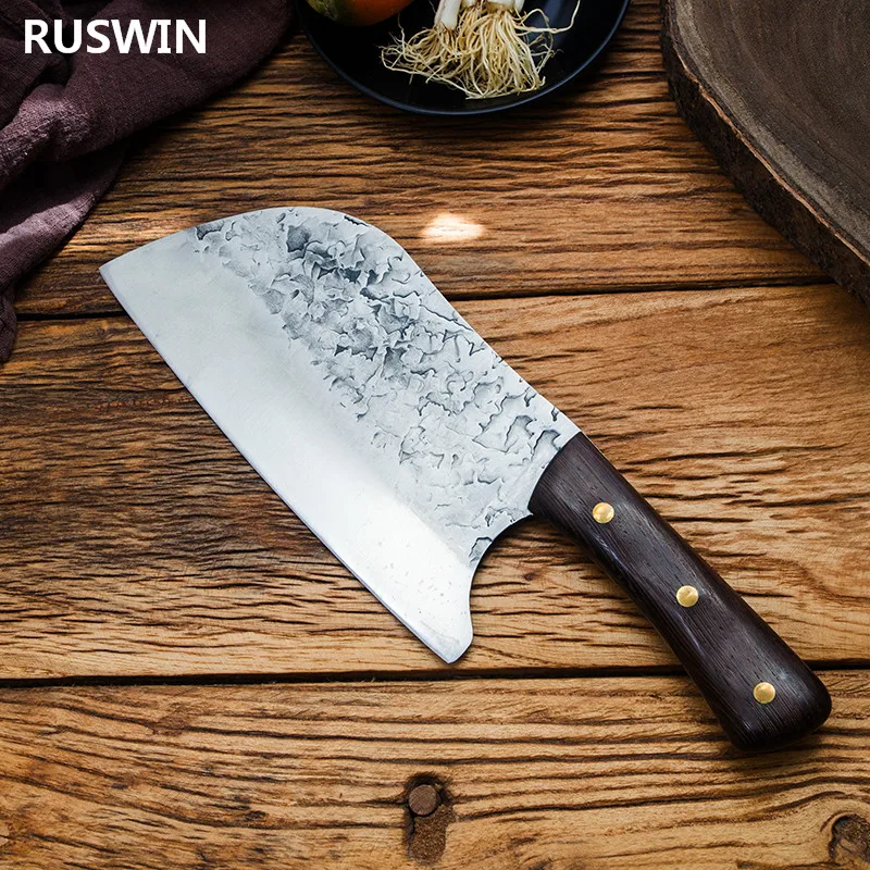 Traditional Handmade Forged Kitchen Knife Hammer Stainless Steel Chef's Chopper Cooking Knives Wooden Meat Slicer Butcher Knife