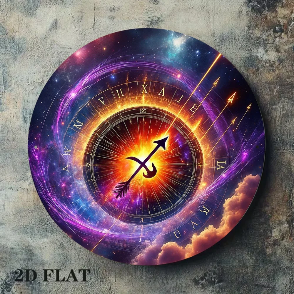 Vintage Round Aluminum Wall Art 8x8in Waterproof Sagittarius Zodiac Sign Decor for Bar Cafe Game Room Gift