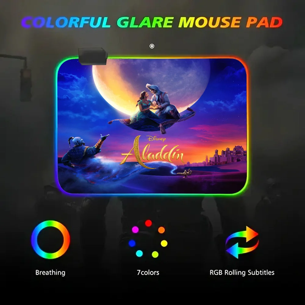 Disney Aladdin Mousepad RGB Small Size Gaming Mouse Pad With LED Light Desk Mat Super Smooth Non-slip Rubber Bottom