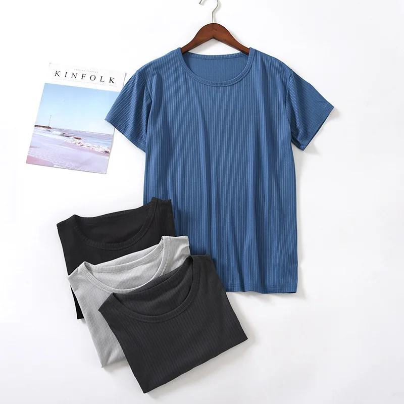 

2025 Brand New Men's Modal T-shirt Stripe Crew Neck Thin Pajamas Tops Tees Short-sleeved Simple Solid Color Men T shirts