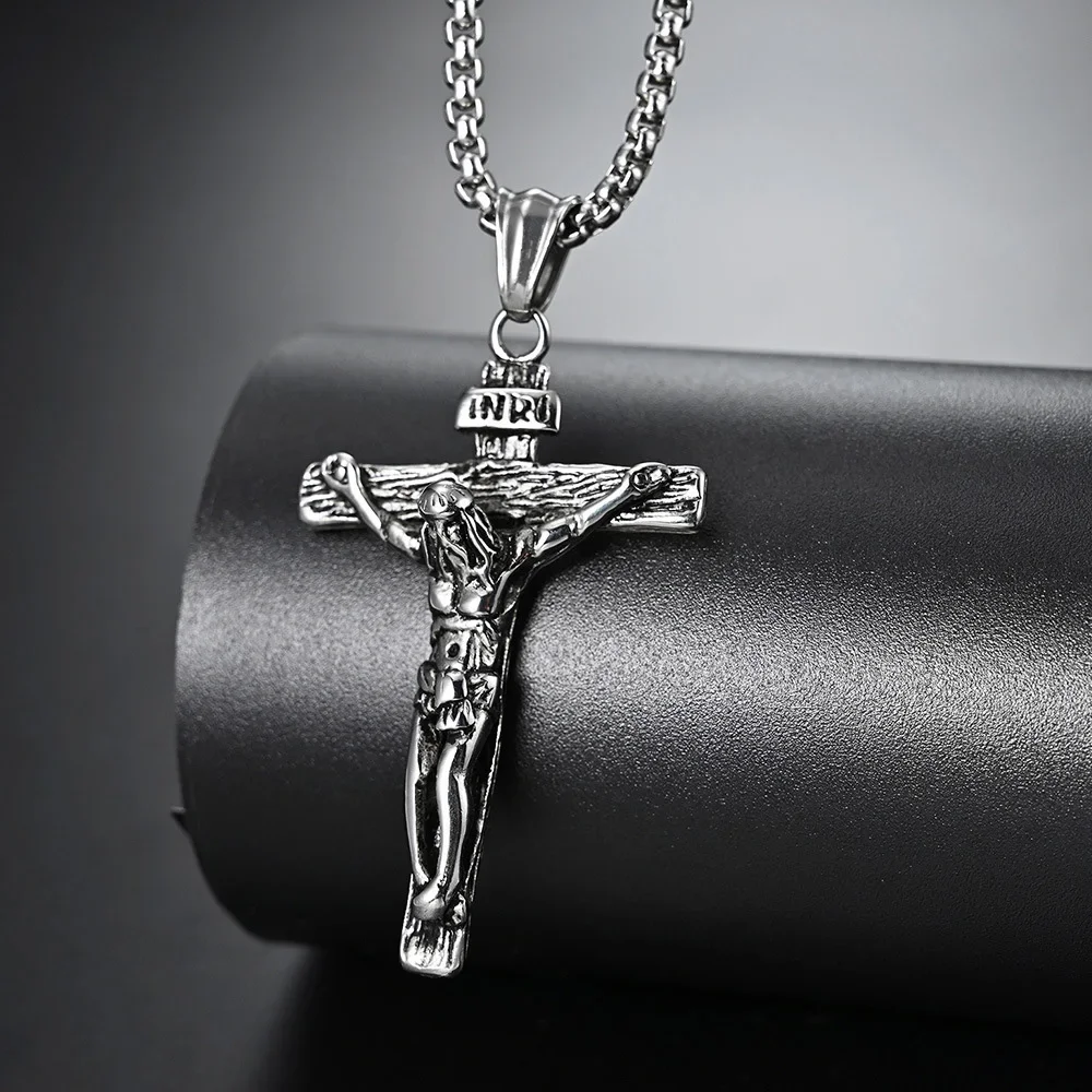 Vintage Stainless Steel Cross Jesus Necklace Pendant Men Women Religious Catholic Cross Necklace Chain Amulet Jewelry Gift