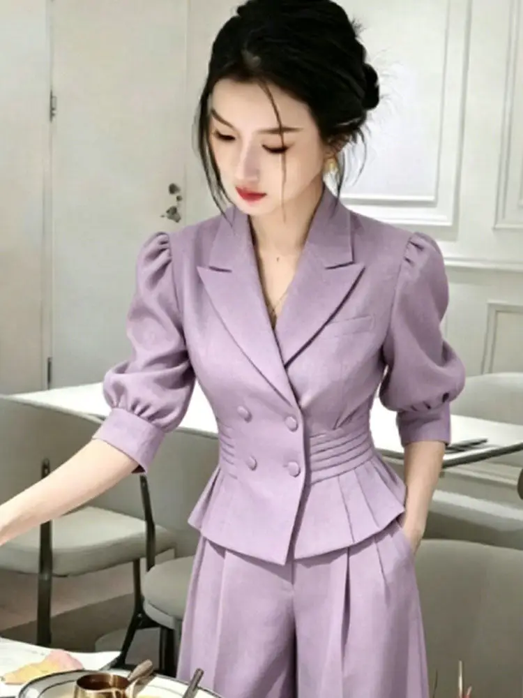 

Summer Purple Professional Commute Set Women's Casual Slimming Top High Waist Pants Two Piece Set Fashionable Versatile Outfit