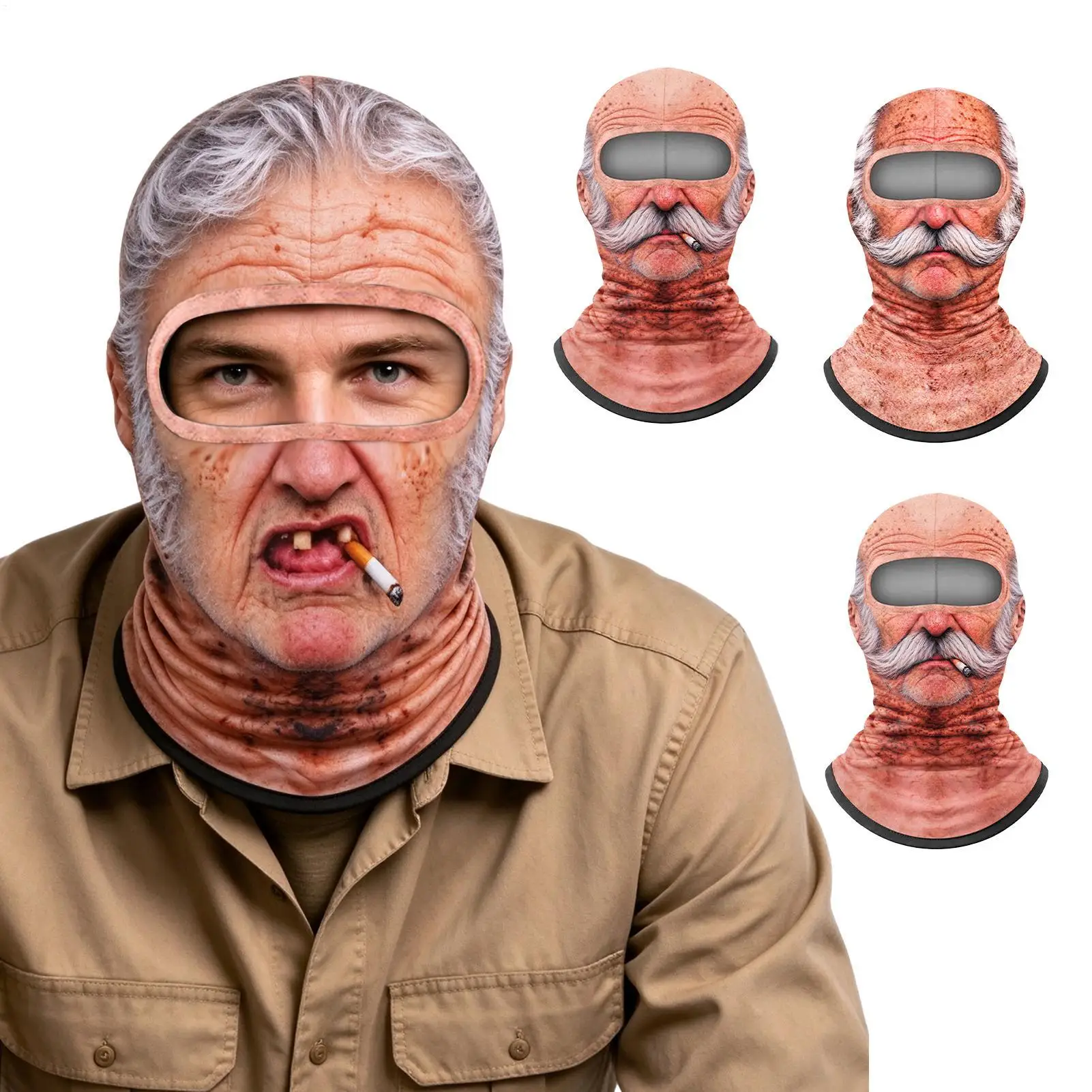 1PC Funny 3D Face Printed Old Man Balaclava Full Coverage Breathable Eye Hole Face Mask White Mustache Elastic Ski Mask Hood