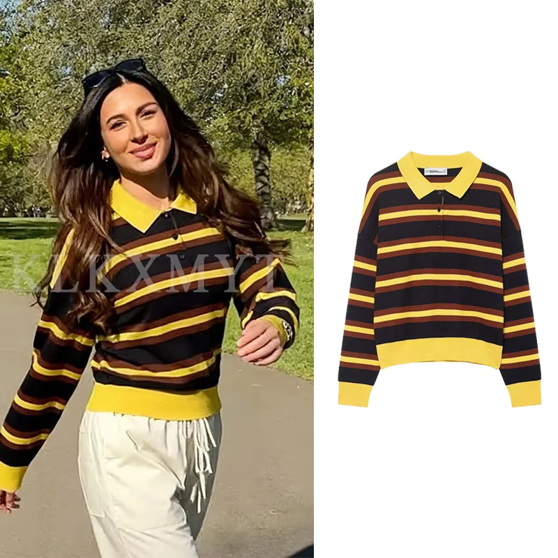 

Women Sweater Pullover 2025 Autumn Winter New Fashion Long Sleeves Stripe Print Women Sweater Pullover Elegant Hight Street Top