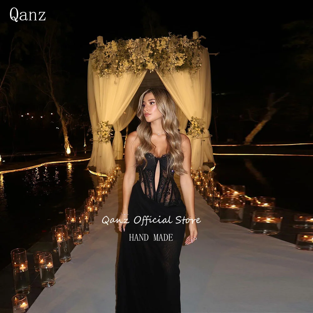

Qanz Изысканные кружевные вечерние платья Русалка с черными аппликациями, прозрачное роскошное вечернее платье, женские платья для выпускного вечера с открытой спиной по индивидуальному заказу