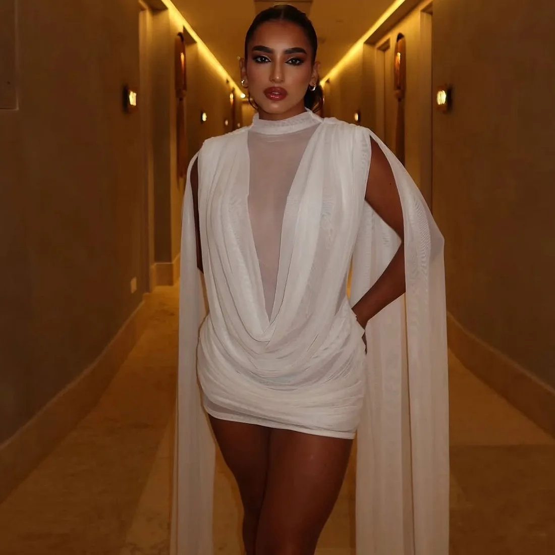 

STYLISH LADY Draped Dress with Ribbons 2025 Autumn Women Long Sleeve Patchwork Mesh See Through Elegant Club Party Mini Dress