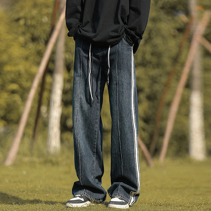 

Мужские джинсы 2024: Новинка, весна-осень, свободные прямые повседневные брюки в американском стиле, широкие штанины, длина в пол