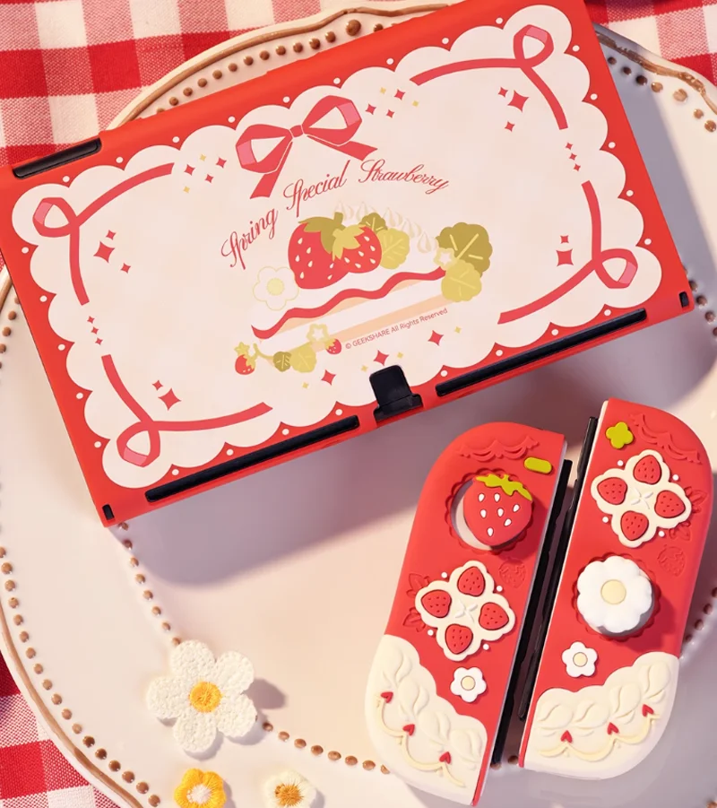 الفراولة الصلب الغطاء الخلفي شل حامي لنينتندو سويتش/Oled Joy-Con تحكم قبضة اليد ABXY أزرار سيليكون غطاء كامل