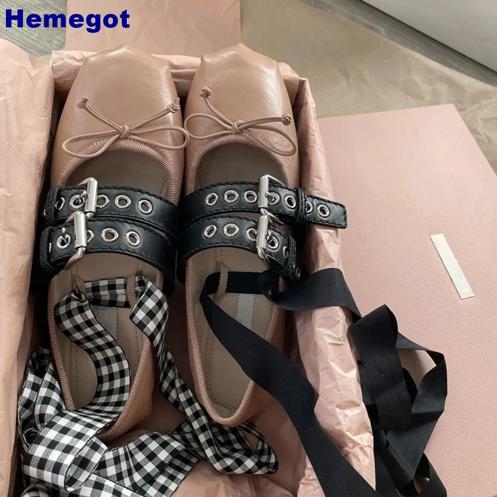 Round Toe Bow Rivet Ballet Shoes Summer Shallow Street Sweet Belt Buckle Cross Strap Casual Shoes Fashion Women\'s Flat Shoes