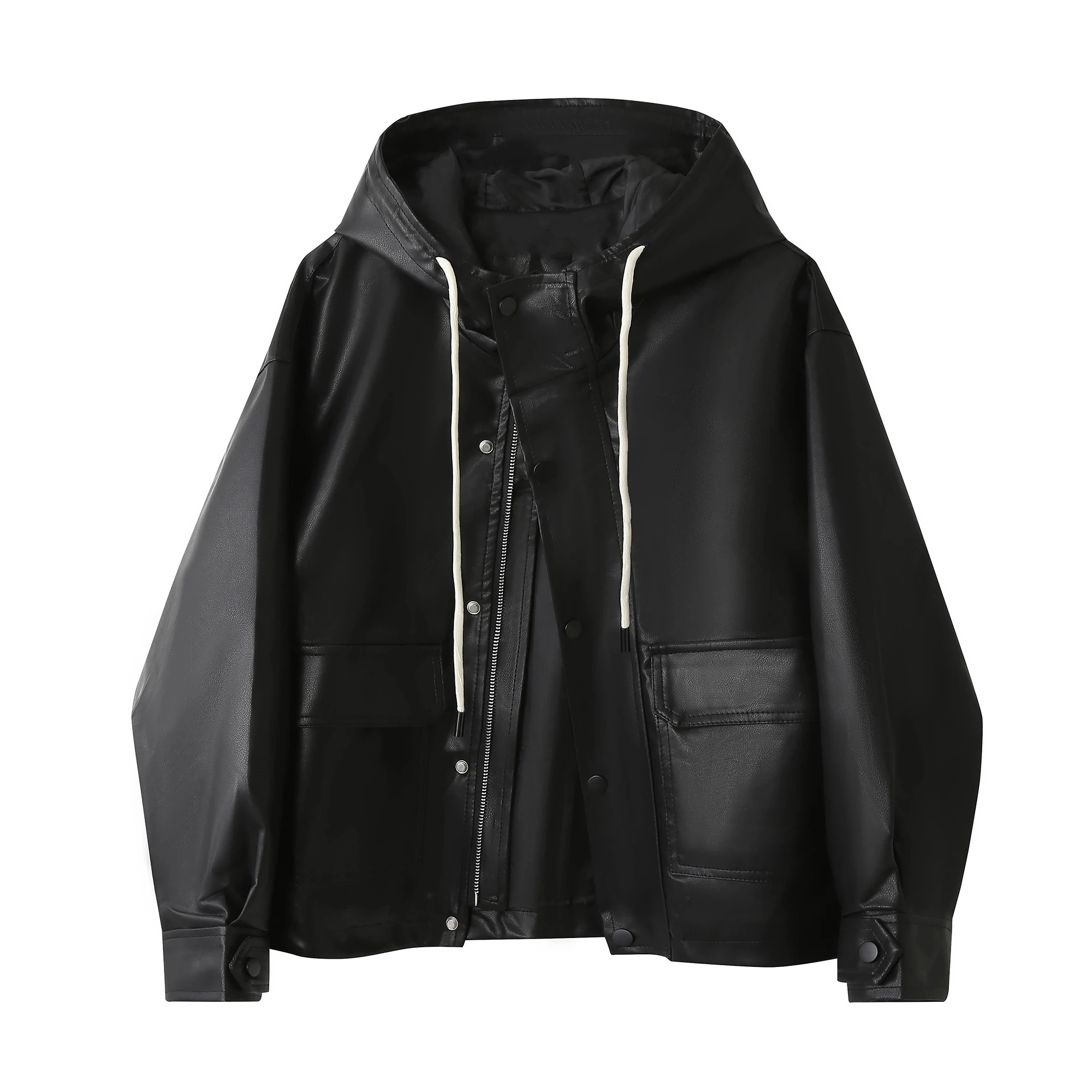 Na moda casual solto feminino couro do plutônio jaet com capuz dstring outono foiable superior fechamento com zíper longo casaco sve