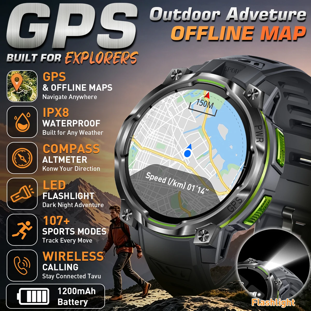 LIGE New Military Satellite Offline Map GPS SmartWatch Bluetooth Call 1200mAh Compass LED Flash IPX8 Swim 107 Sports Men Watches