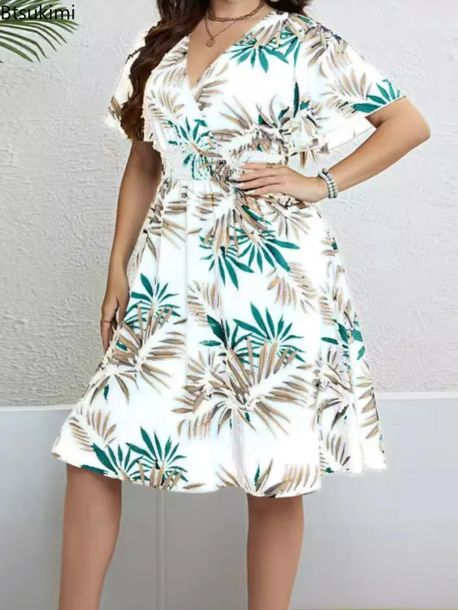 2024Women's Plus Size stampa tropicale scollo a V manica a farfalla abito vacanza Boho Beach Casual Summer Midi Fashion Dress Big Size