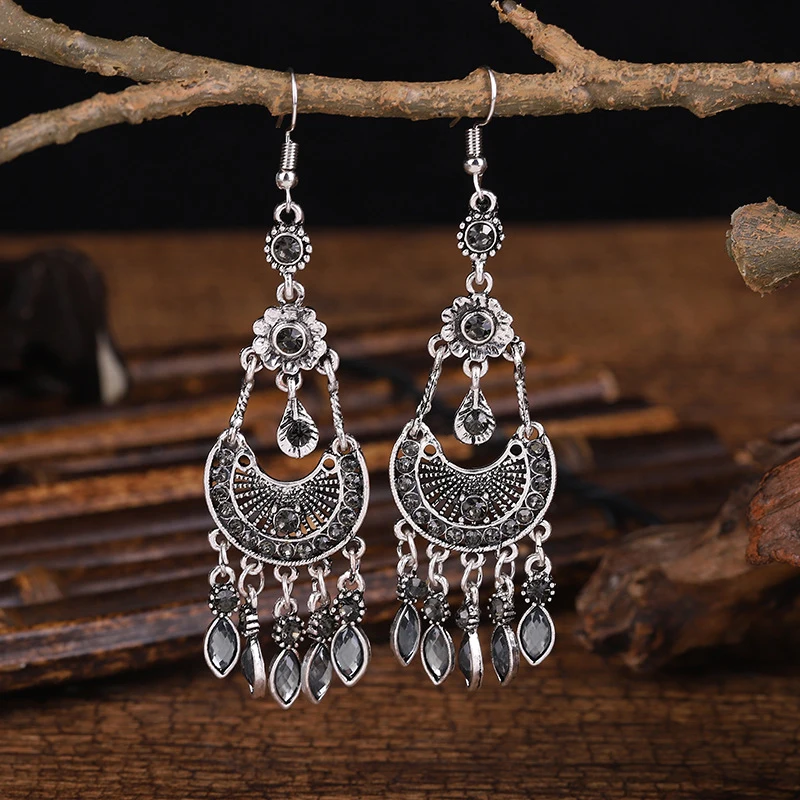 Fashion Vintage Delicate Flower Bohemian Dangle Drop Earrings For Women Boho Crystal Rhinestone Wedding Female Jewelry Earrings