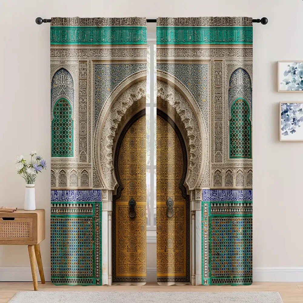 2pcs, spring summer Curtains Vintage Morocco palace door print Semi-Sheer Curtains Durable 100% Polyester Fabric Decorations