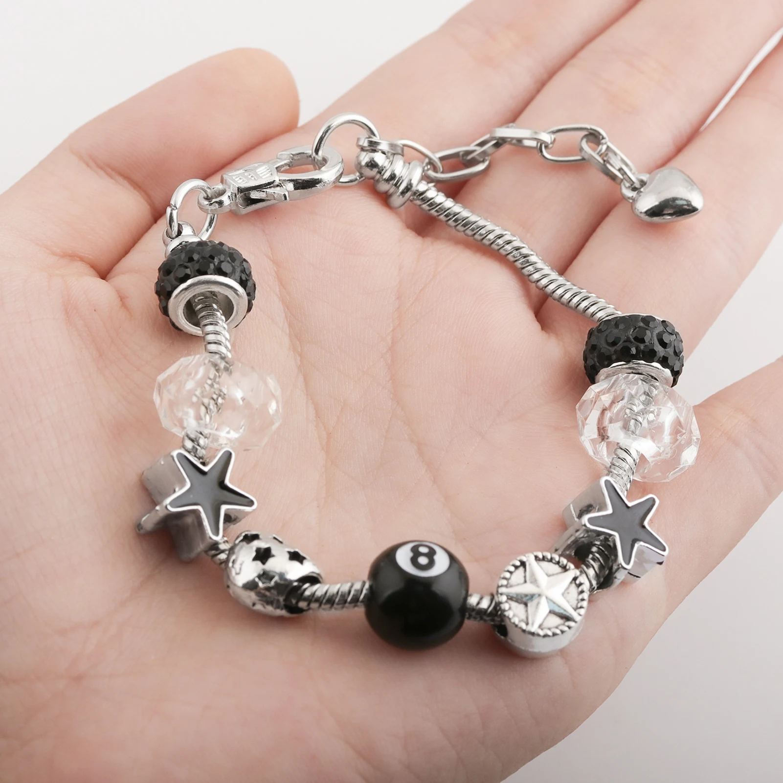 Vintage Y2K Black 8Shaped Star Pendant Bracelet With Snake Chain And Transparent Crystal Beads Punk Gothic Style Women's Jewelry