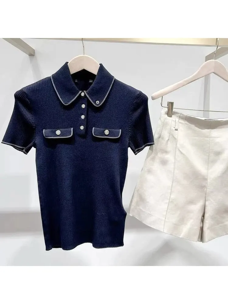 

High-End Version European Sle Summer New Casual ort Sve Slim Fit Ne T-irt Knitted Top for Women