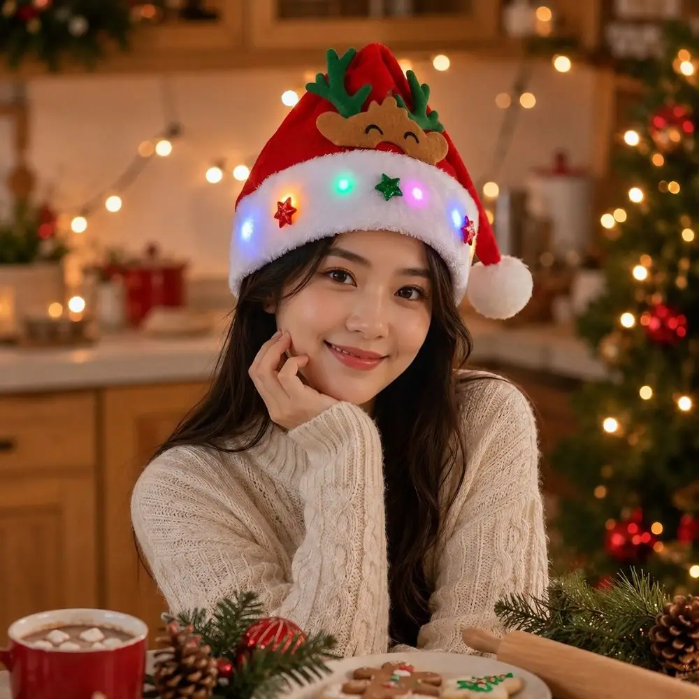 Flashing Ornament LED Light Christmas Hat Soft Fabric Adjustable Elk Hat Colored Lights Light Up Hat Xmas Gathering