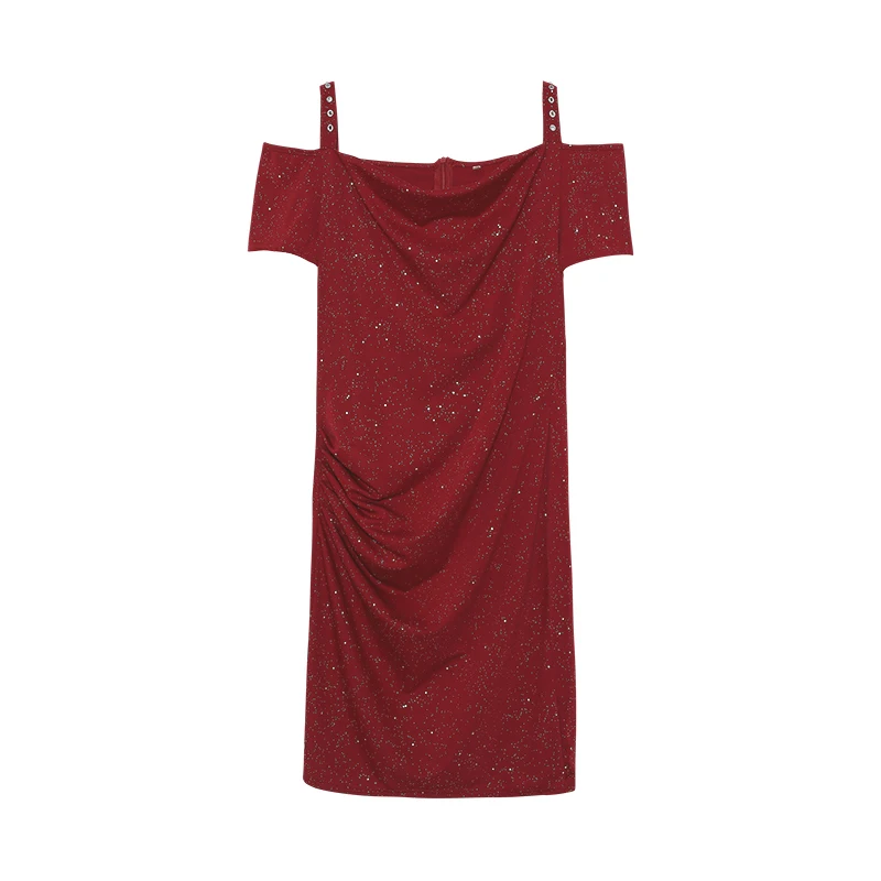 2024 الربيع/الصيف عبر الحدود ملابس نسائية وردي مشرق قبالة الكتف مثير الماس جزءا لا يتجزأ من فستان للنساء #1