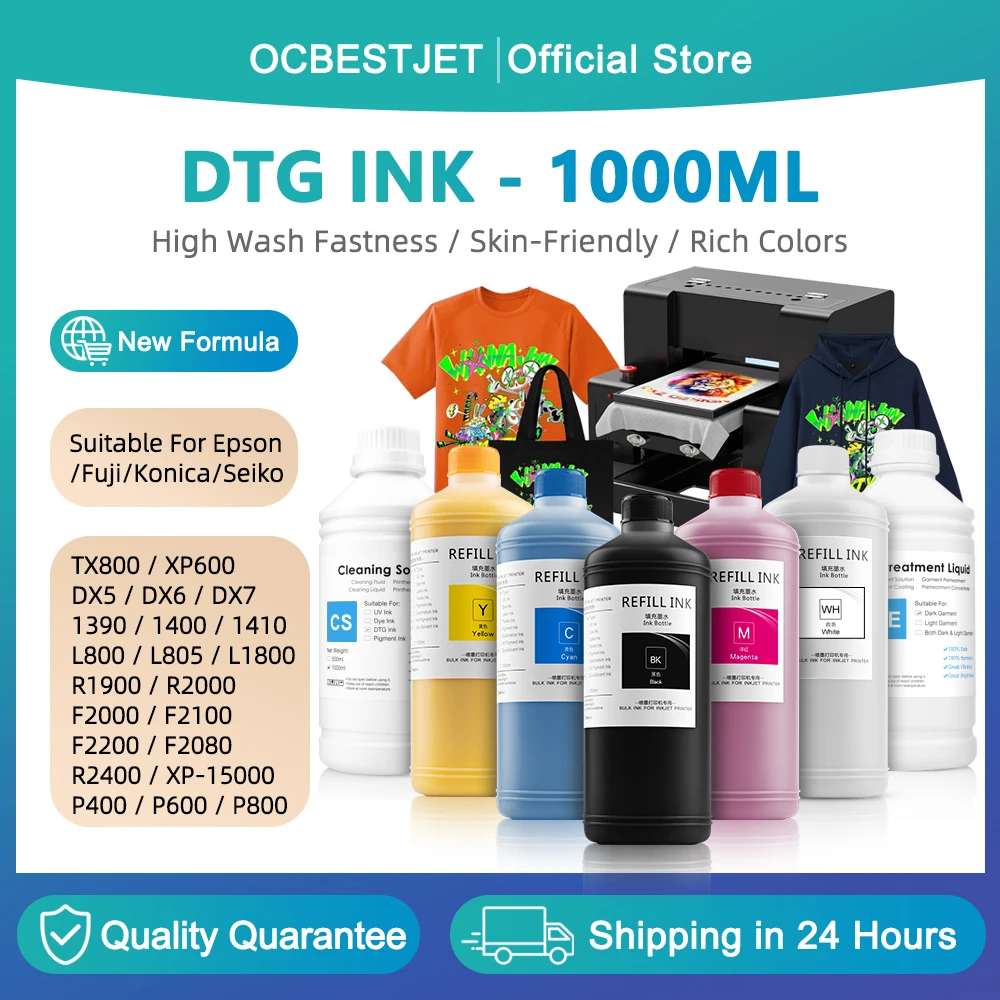 1000ML DTG Ink Direct to Garment Printing Ink For Epson XP600 TX800 1390 L800 L805 L1800 DX5 DX7 R1900 R2000 F2000 F2100 F2200