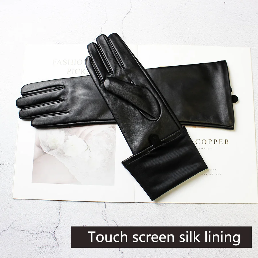 Guantes largos de piel de oveja con pantalla táctil de 37cm, forro de terciopelo de cuero negro para mujer, dedos cálidos rectos a la moda para